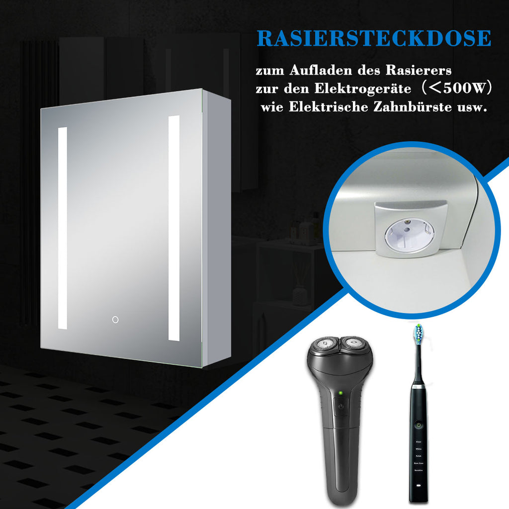 LED-spiegelkast ARYA badkamerspiegelkast met verlichting, aluminium, anticondens, dubbelzijdige spiegel, aanraakschakelaar, met scheerstopcontact