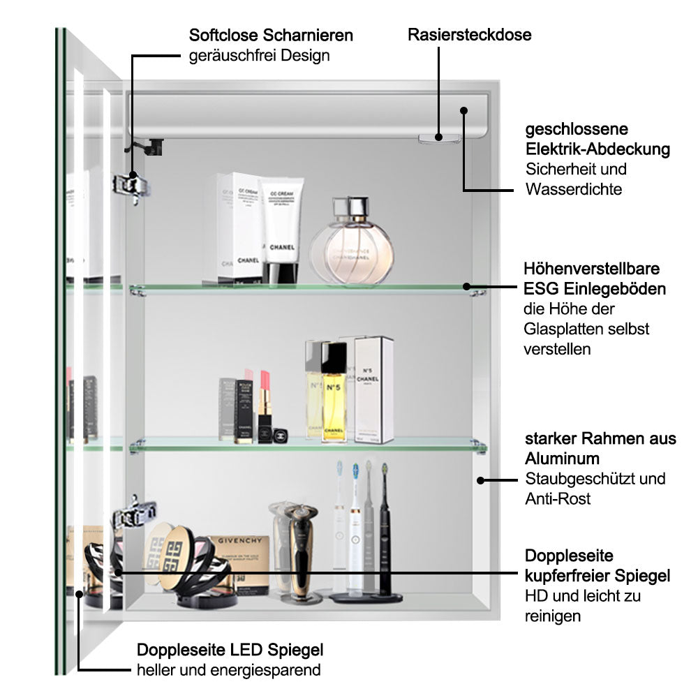 LED-spiegelkast ARYA badkamerspiegelkast met verlichting, aluminium, anticondens, dubbelzijdige spiegel, aanraakschakelaar, met scheerstopcontact