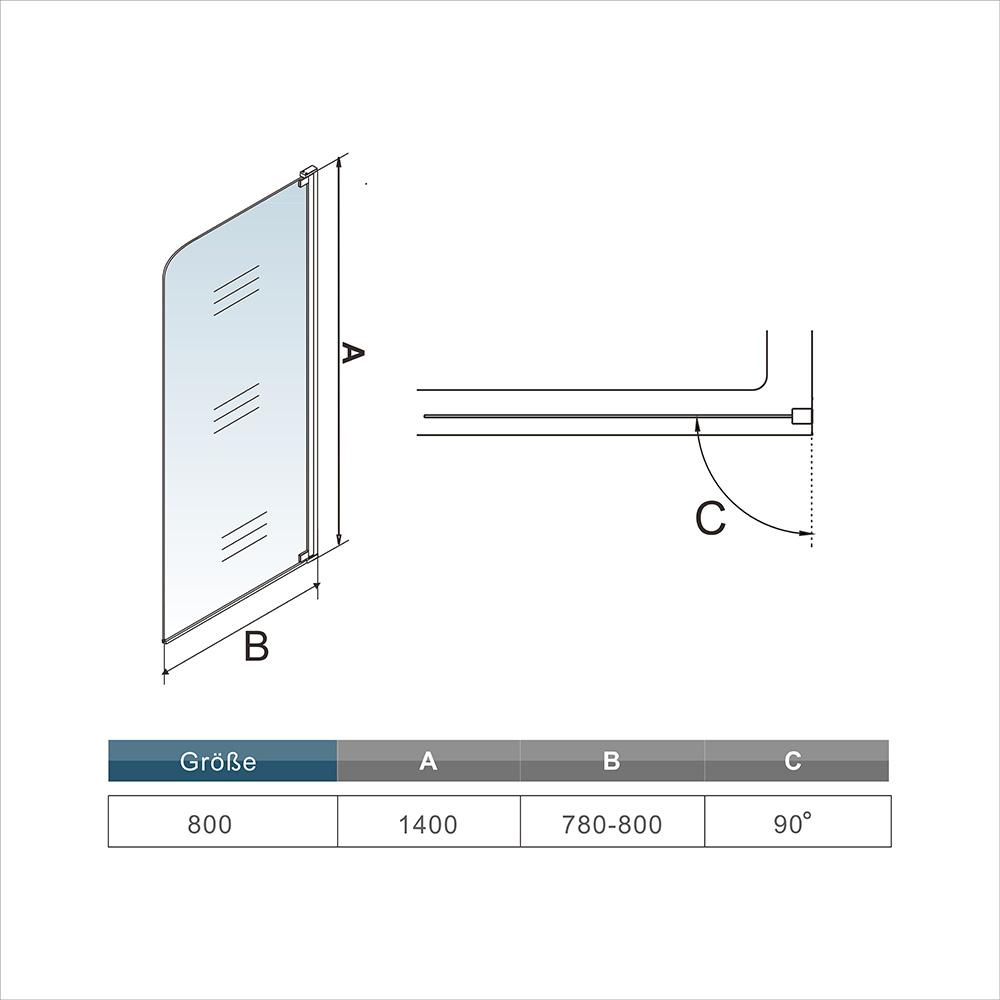 80x140cm 8mm veiligheidsglas badkuip roterende douchewand badbevestiging 180 graden