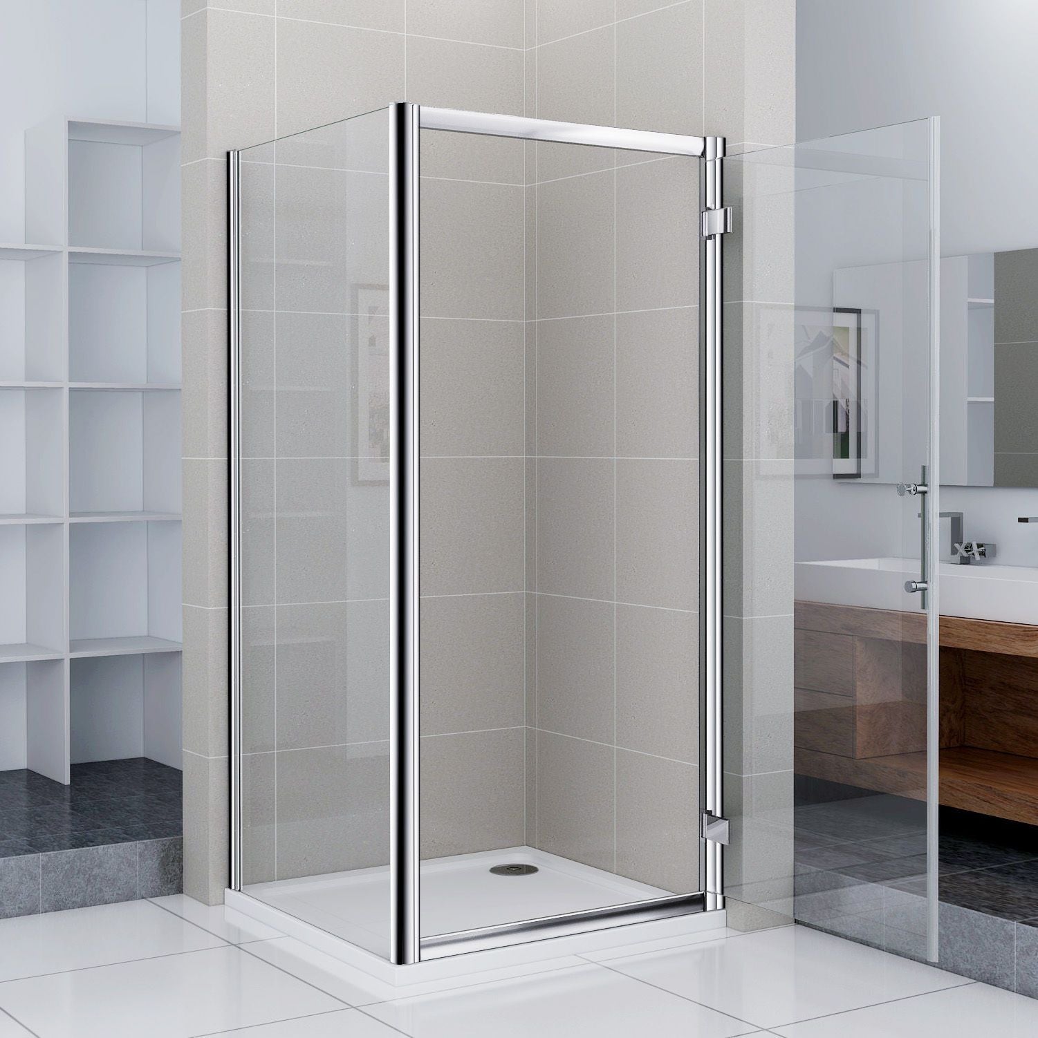 zij-instap douchecabine,zijpaneel,scharnier draaideur,6mm helder veiligheidsglas