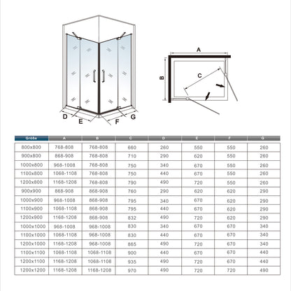 195 cm Douchecabine Vierkant Hoekinstap Draaideur Antikalk Helder Glas Mat Zwart Profiel 8mm Veiligheidsglas