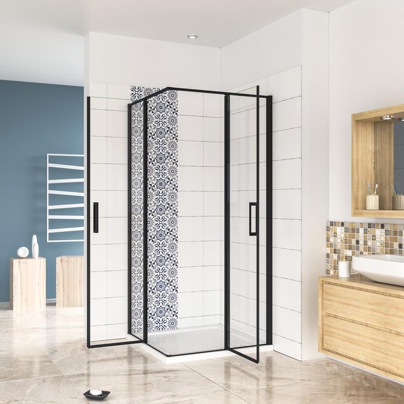 Douchecabine met vast wanden en draaideur ,185cm hoog(diverse maten),6 mm NANO-coating veiligheidsglas,mat zwart profielen.