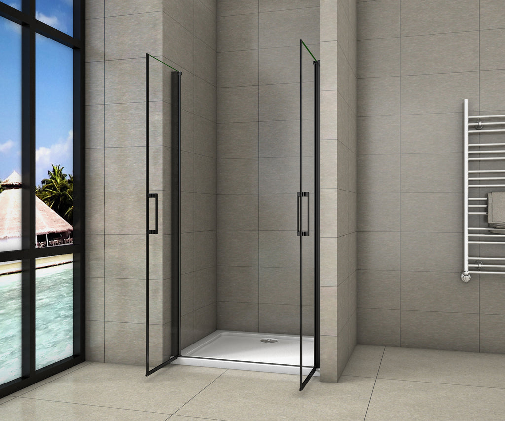 Douchedeur dubbele draaideur, mat zwarte profielen 8mm helder nano veiligheidsglas, anti-kalk