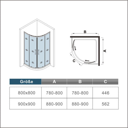 Douchecabine kwartrond 80x80cm/90X90cm,185cm hoog