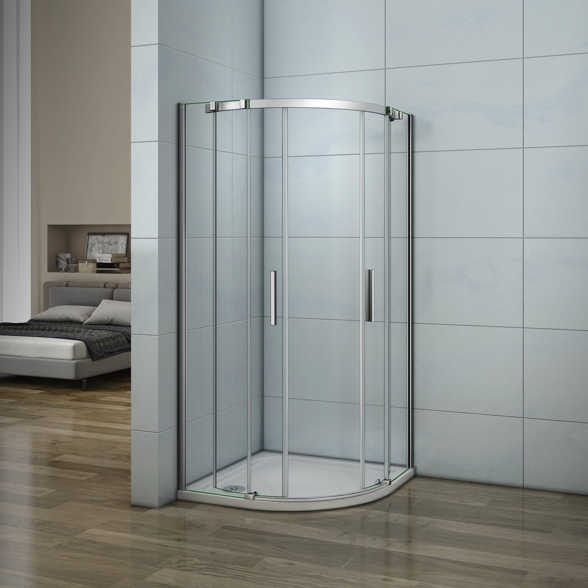 kwartronde douchecabine 90x90x195cm,dubbele schuifdeur,hoek-instap douchecabine,6mm helder veiligheidsglas