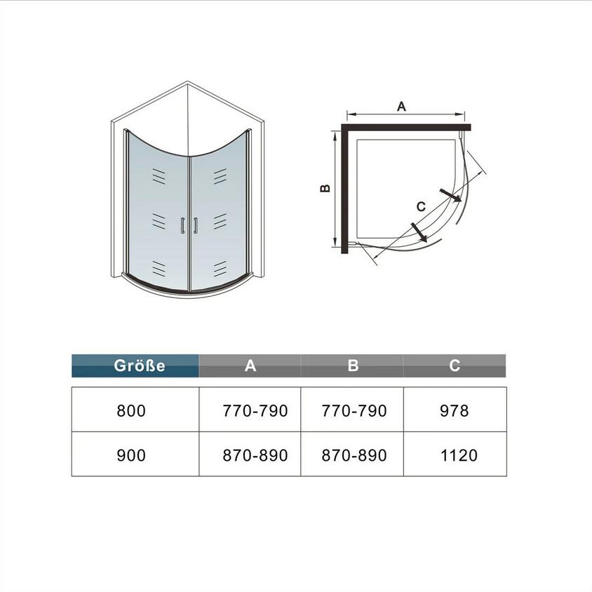 Douchecabine kwartrondmet twee draaideuren, 195cm hoog ,6mm veiligheidsglas, inclusief dochebak