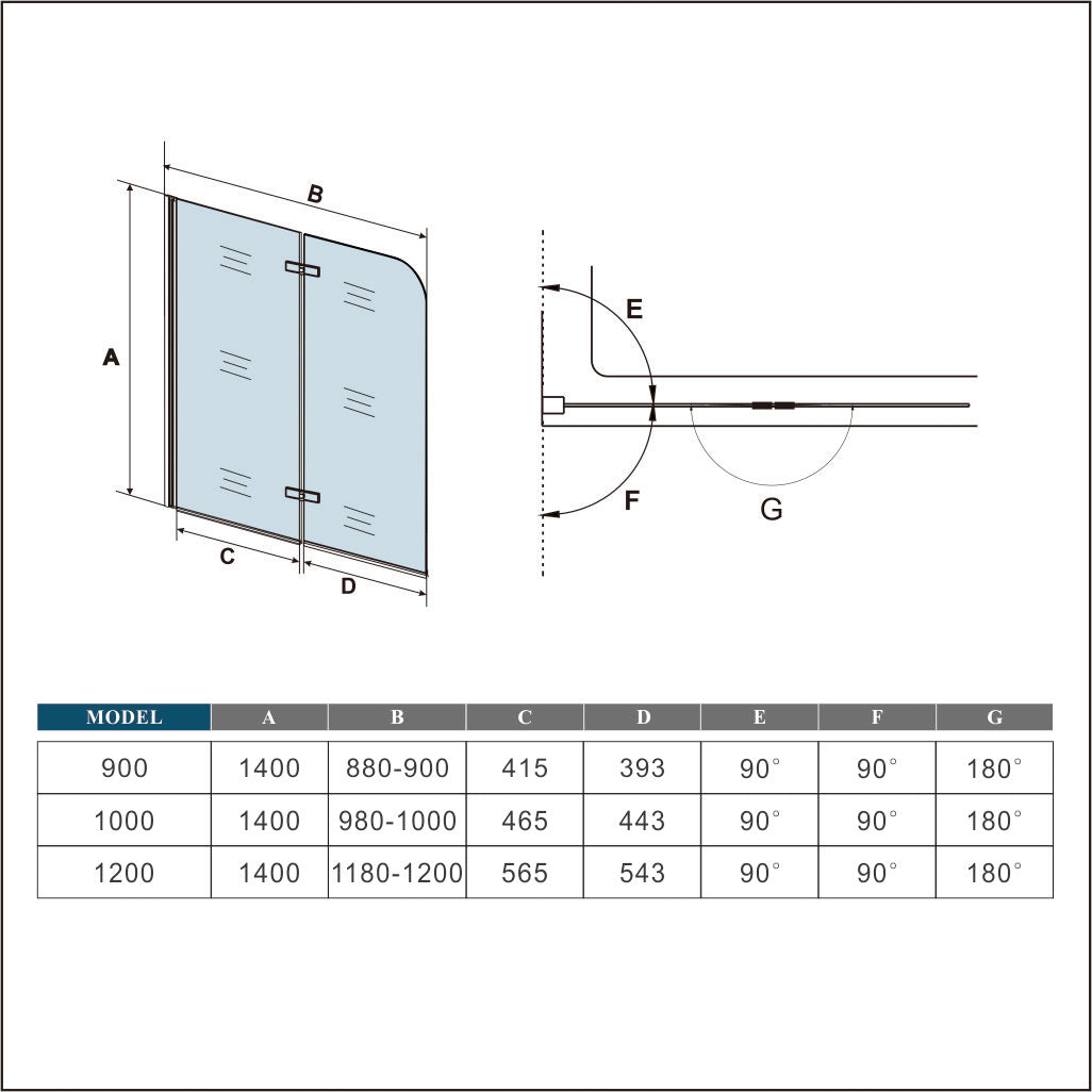 2-delig draaibaar inklapbaar 140cm hoog(diverse maten ),6 mm helder antikalkbehandeling helder veiligheidsglas ,chroom profiel