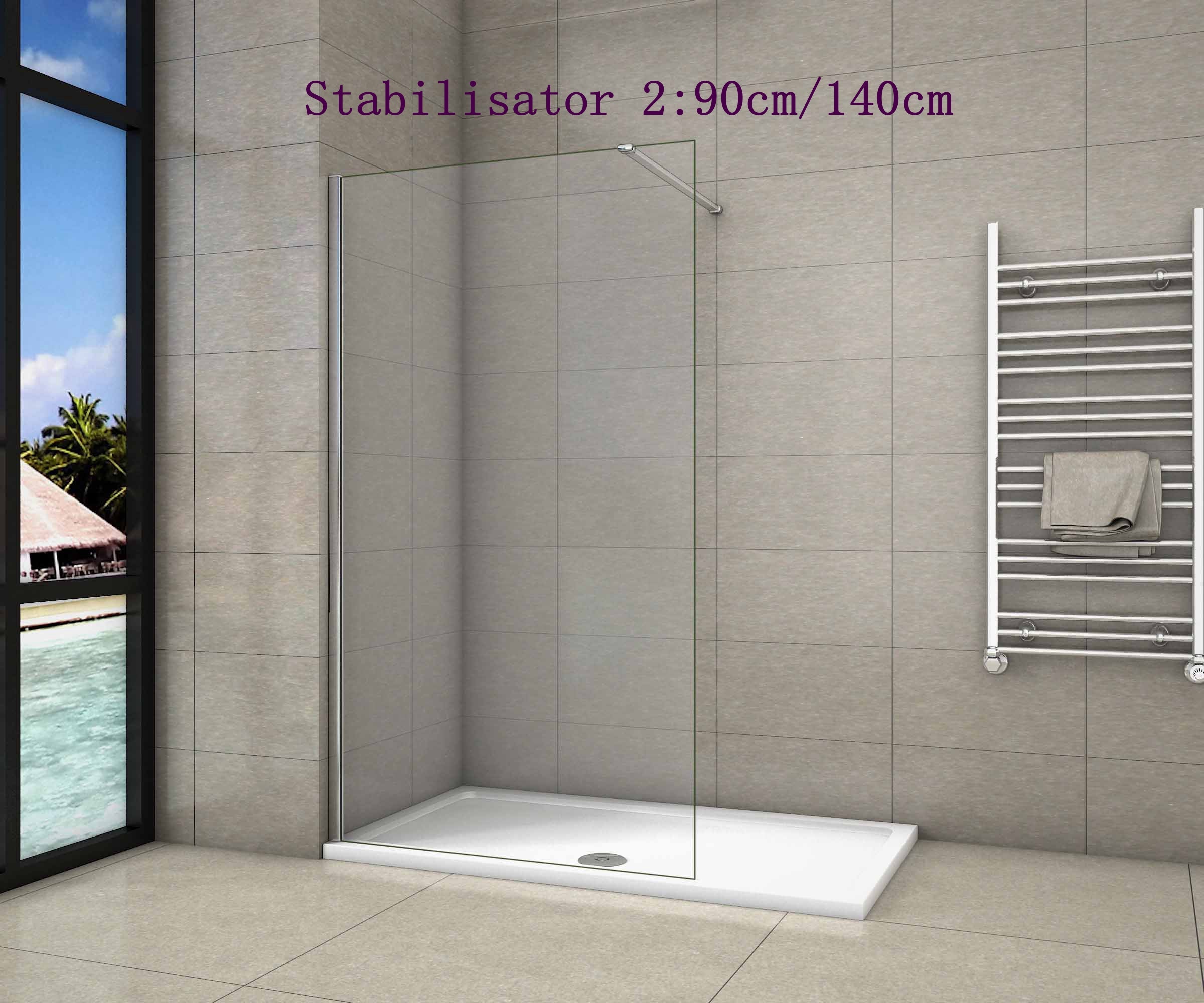 vrijstaande inloopdouche,8mm helder veiligdheidsglas nano easyclean antikalk 160x200cm Stabilisator 2:140cm
