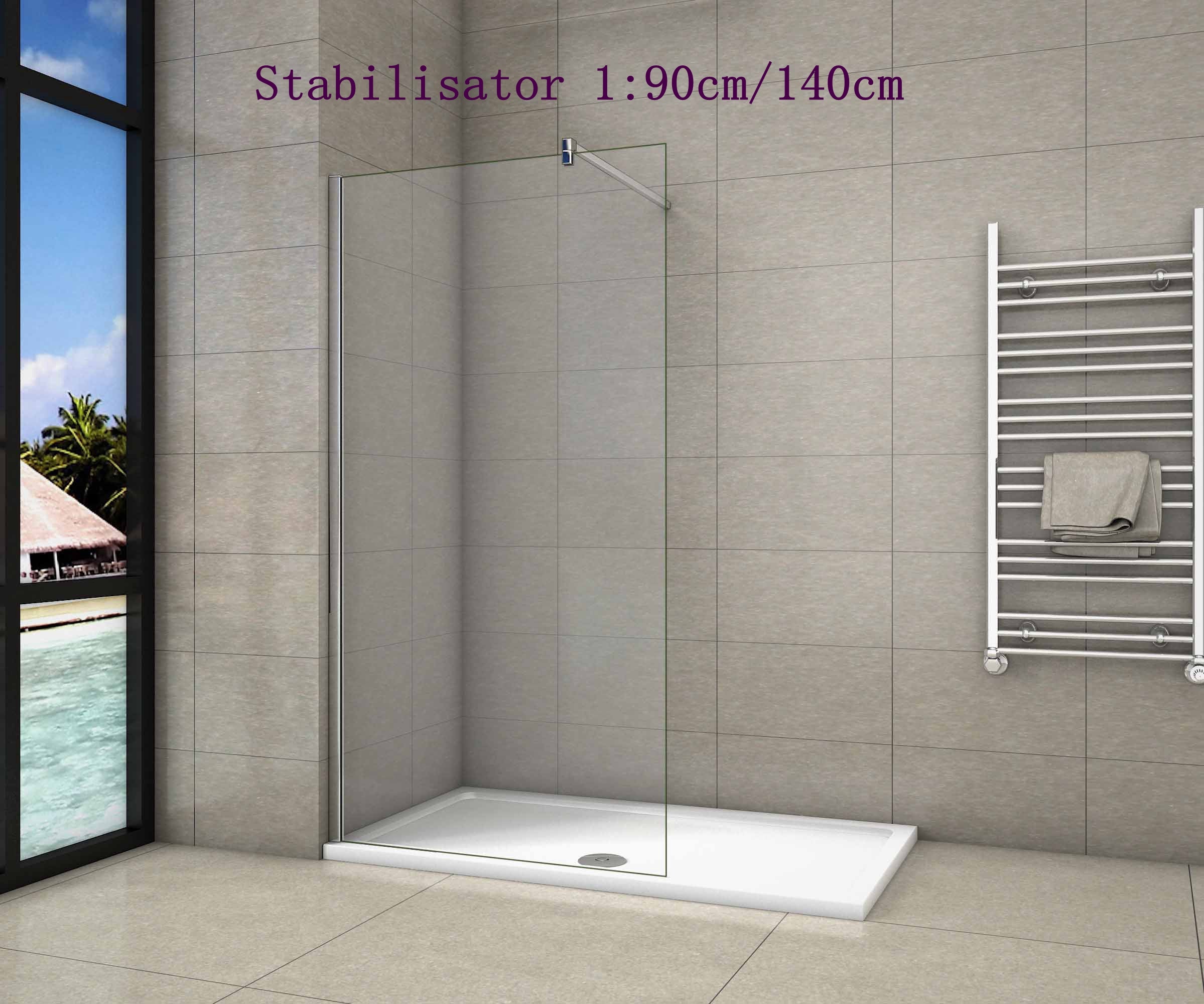 vrijstaande inloopdouche,8mm helder veiligdheidsglas nano easyclean antikalk 40x200cm Stabilisator 1: 140cm