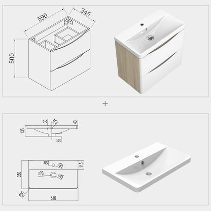 Badkamermeubel eiken wit 60-80cm wastafel met onderbouw incl. 2 lades soft-close functie