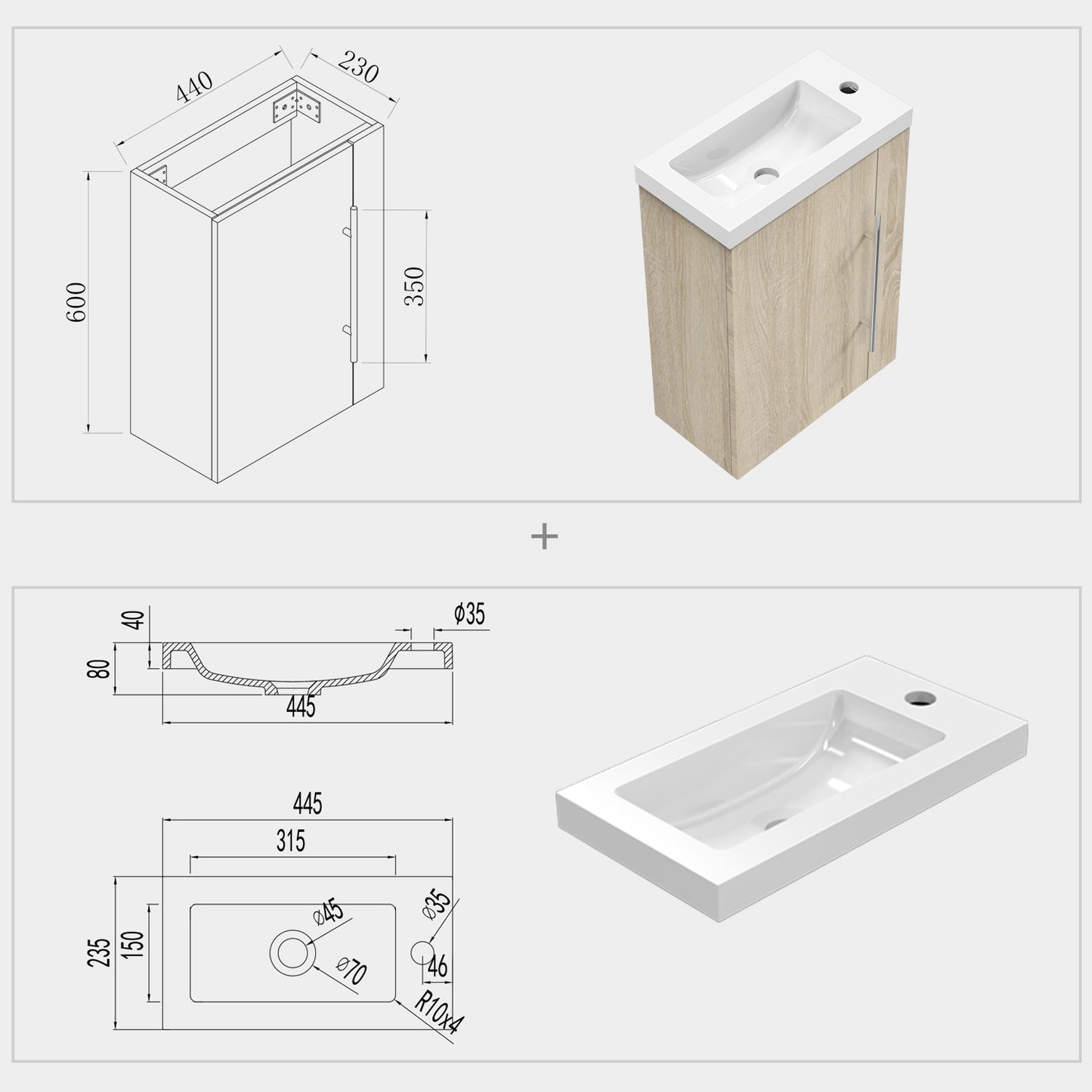 Badkamermeubel 45 cm wastafel met kaptafel Soft-Close functie kaptafel hangkast