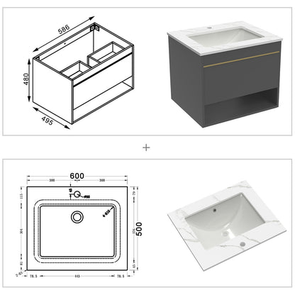 Badkamermeubelset met wastafel stenen wastafel met onderkast, donkergrijs mat 60 cm witte marmeren textuur