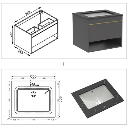 Badkamermeubelset met wastafel stenen wastafel met onderkast, donkergrijs mat 60 cm zwart goud marmeren textuur
