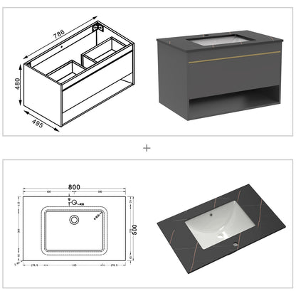 Badkamermeubelset met wastafel stenen wastafel met onderkast, donkergrijs mat 80 cm zwart goud marmeren textuur
