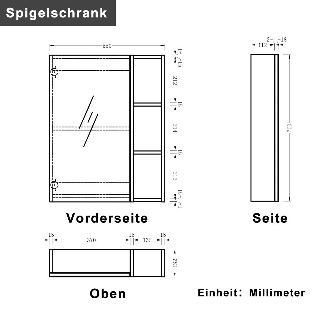 Spiegelkast 55 - 90 cmbadkamerspiegel badkamermeubel multiplex board gastentoilet donkergrijs mat 55 cm