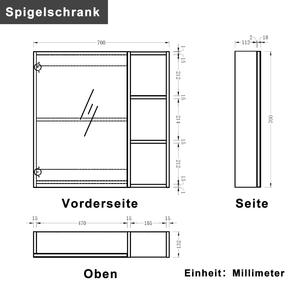 Spiegelkast 55 - 90 cmbadkamerspiegel badkamermeubel multiplex board gastentoilet donkergrijs mat 70 cm