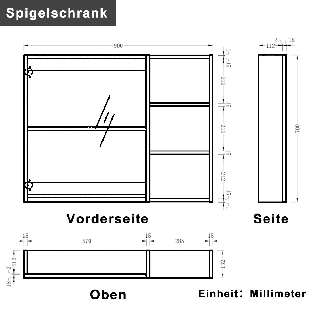 Spiegelkast 55 - 90 cmbadkamerspiegel badkamermeubel multiplex board gastentoilet donkergrijs mat 90 cm