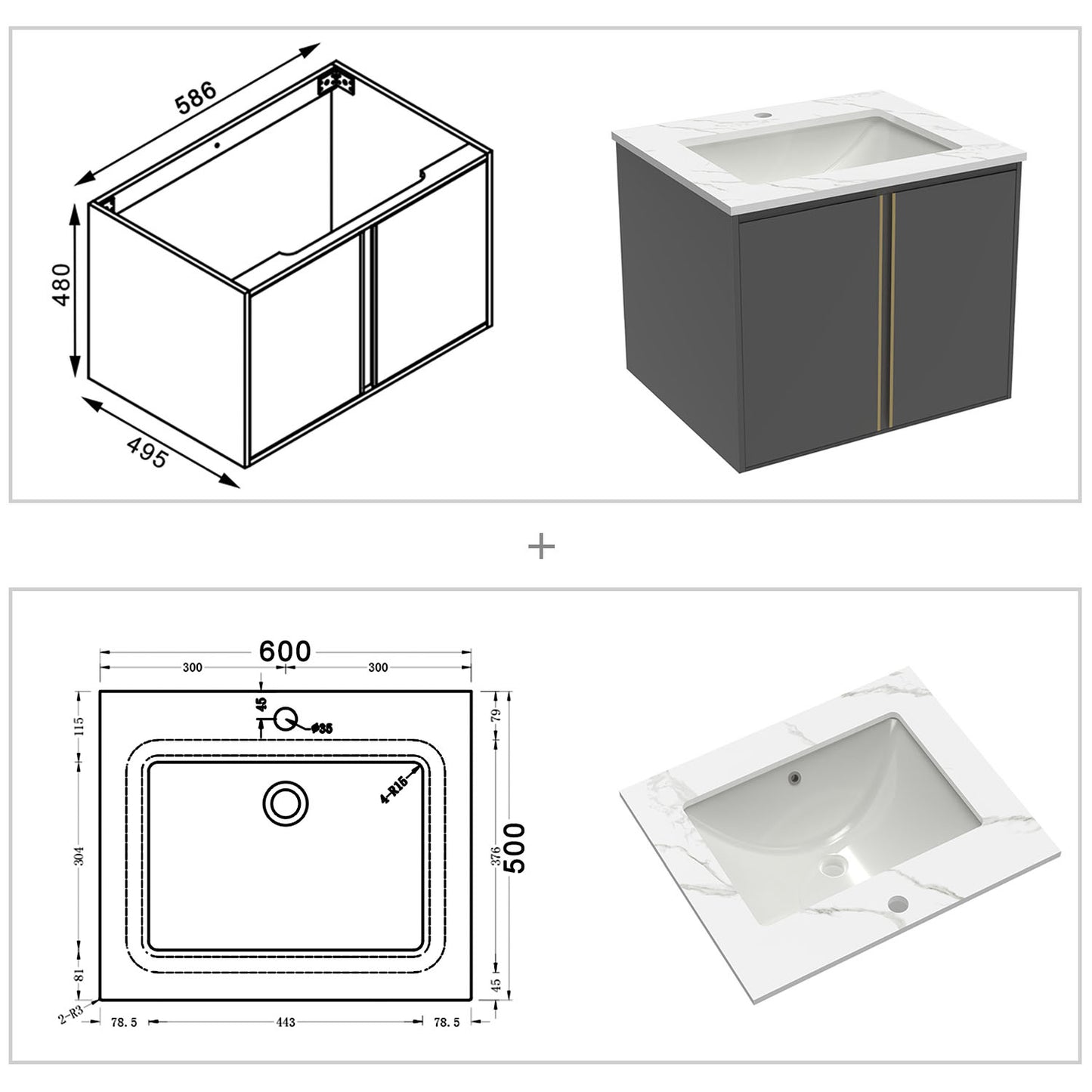 Wastafelonderbouw met onderkast stenen badkamermeubelset met keramische wastafel 60 cm witte marmeren textuur