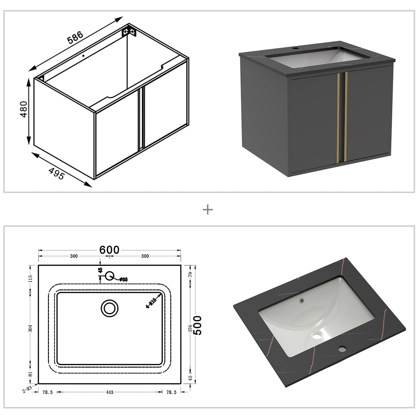 Wastafelonderbouw met onderkast stenen badkamermeubelset met keramische wastafel 60 cm zwart goud marmeren textuur