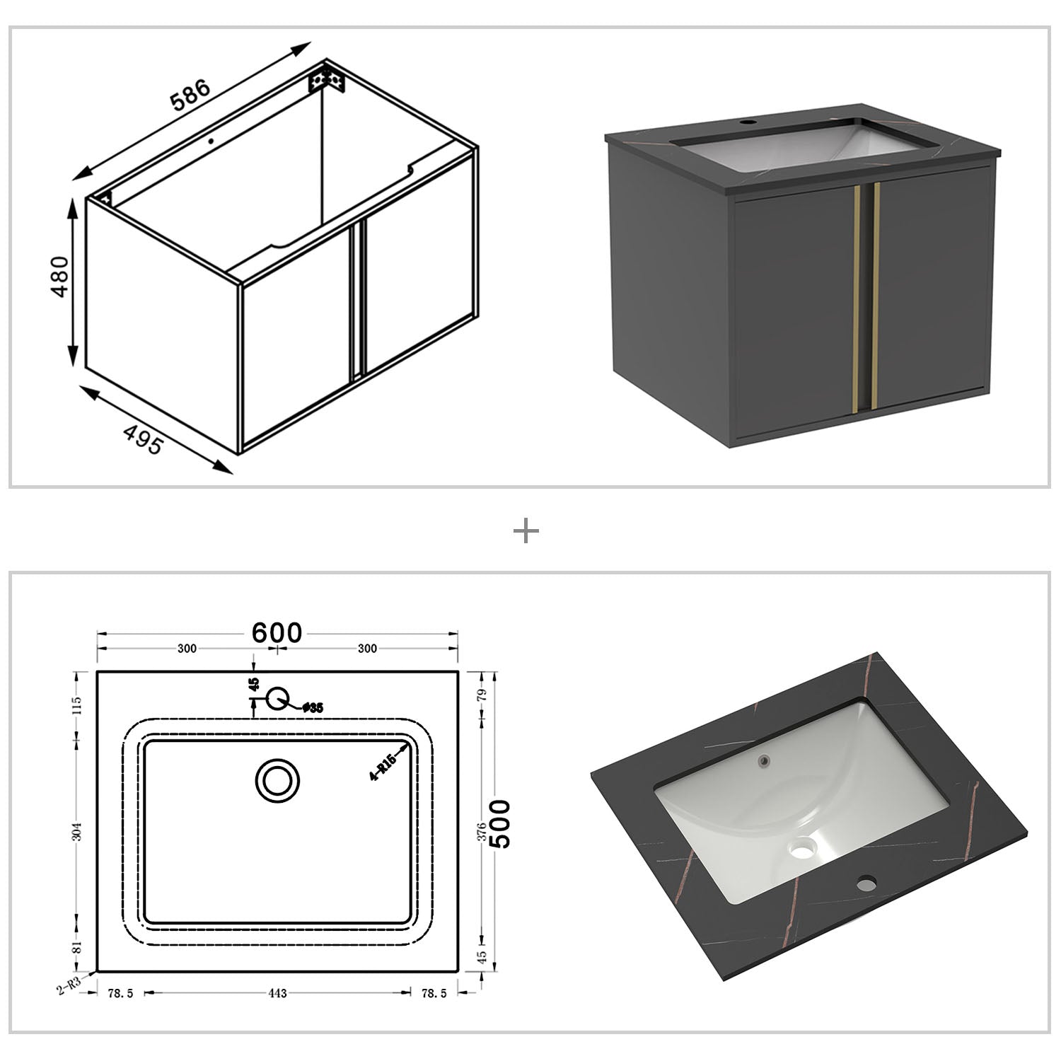 Wastafelonderbouw met onderkast stenen badkamermeubelset met keramische wastafel 60 cm zwart goud marmeren textuur