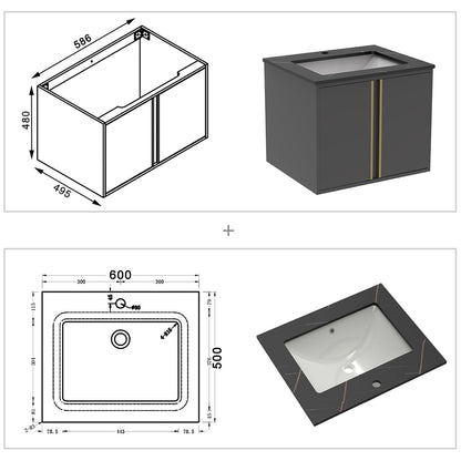 Wastafelonderbouw met onderkast stenen badkamermeubelset met keramische wastafel 60 cm zwart goud marmeren textuur