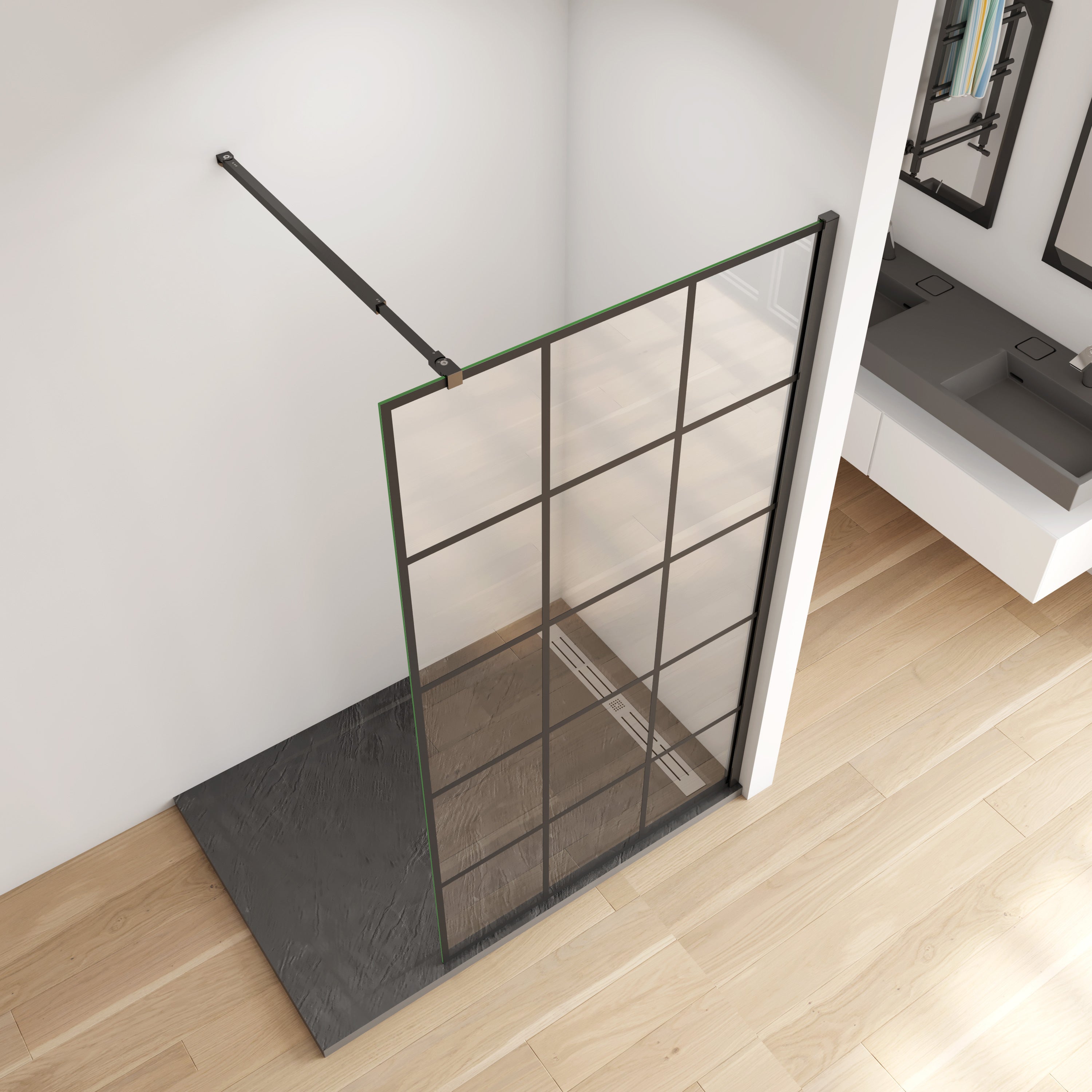 Inloopdouche met mat Zwart kader en raster,200cm hoog, 8 mm NANO EasyClean veiligheidsglas,inclusief stabilisatiestang 73-120cm