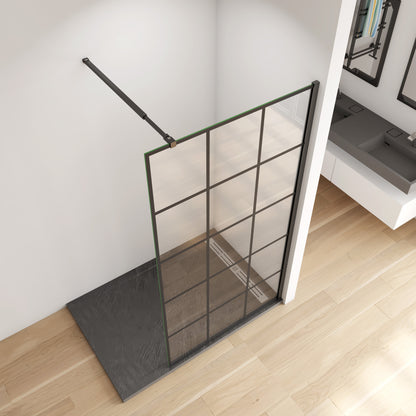 Inloopdouche met mat Zwart kader en raster,200cm hoog, 8 mm NANO EasyClean veiligheidsglas,inclusief stabilisatiestang 73-120cm