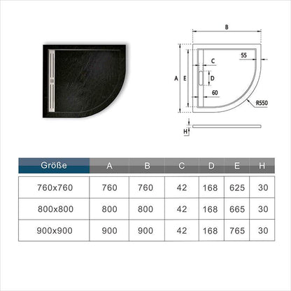 Kwartronde  douchebak met steeneffect voor douchecabine,antislip ,30 mm hoog,zwart