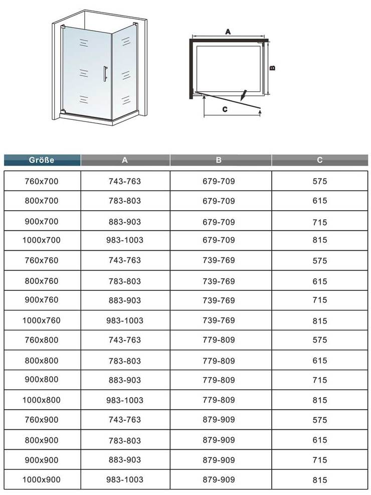 Douchecabine Vierkant draaideur met zijwand,hoogte 185cm,8mm EasyClean veiligheidsglas