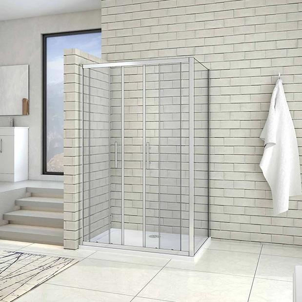 Dubbele schuifdeur,douchecabine,2 vaste glasdelen,zijpaneel,douchedeur,verchroomd profiel,6mm helder veiligheidsglas