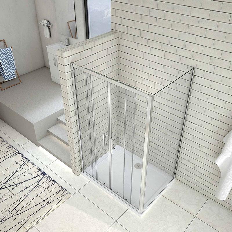 Dubbele schuifdeur,douchecabine,2 vaste glasdelen,zijpaneel,douchedeur,verchroomd profiel,6mm helder veiligheidsglas