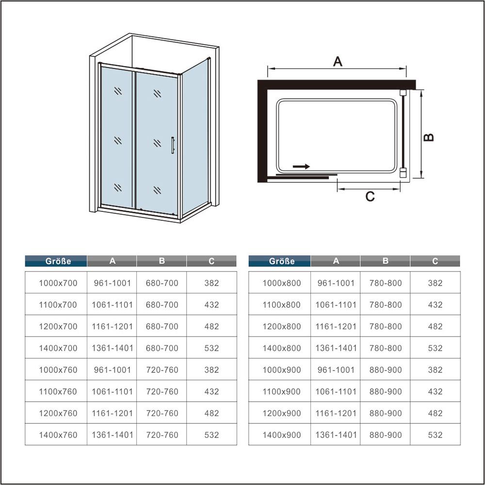 Dubbele schuifdeur,douchecabine,2 vaste glasdelen,zijpaneel,douchedeur,verchroomd profiel,6mm helder veiligheidsglas