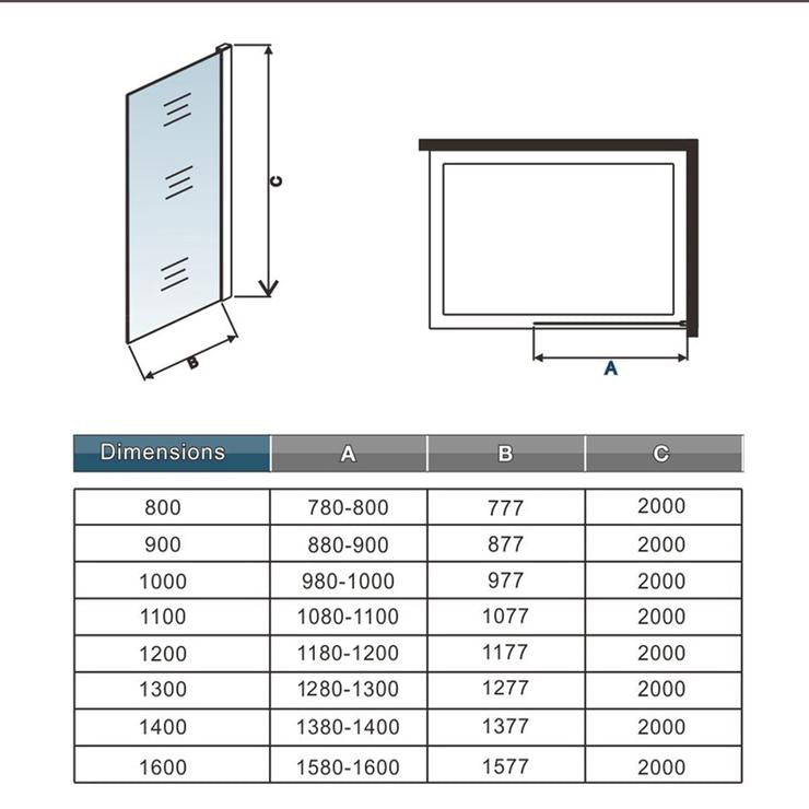 Inloopdouche 200cm hoog,10mm veiligdheidsglas met zwart folie
